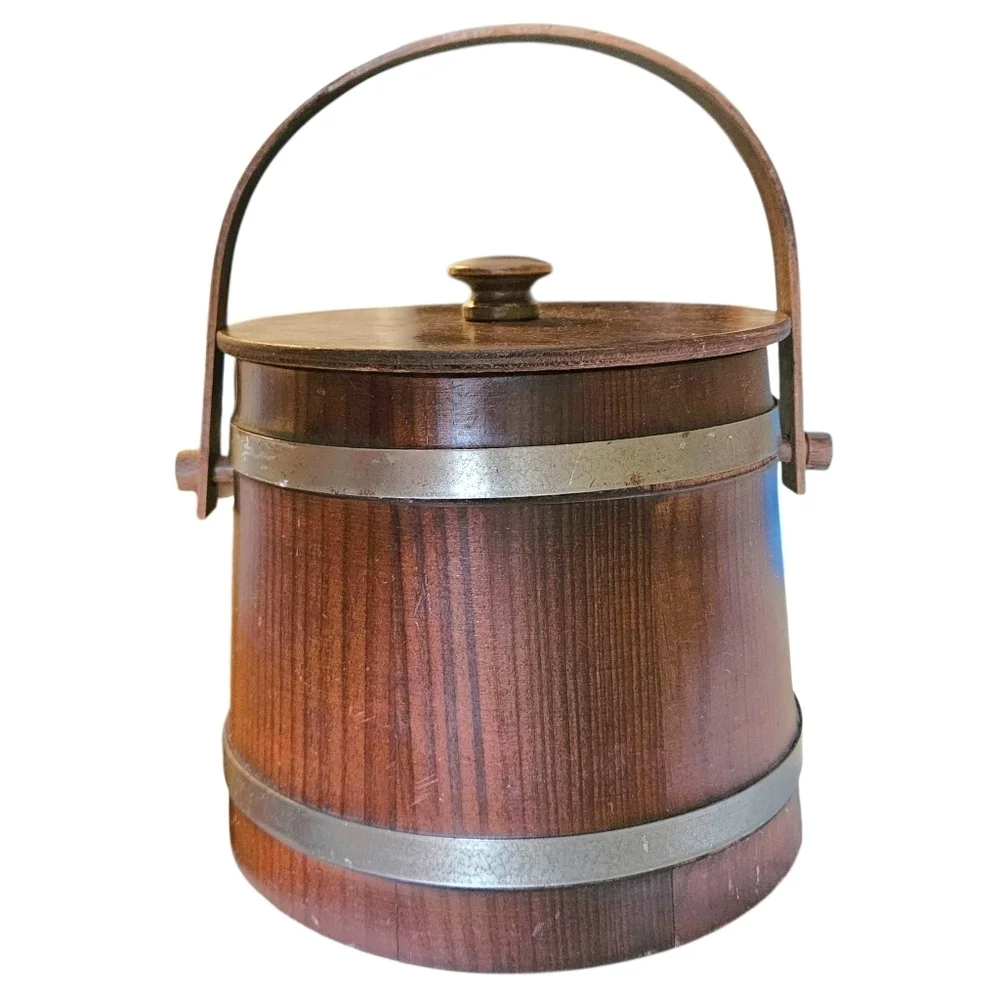VTG Baskettville Putney VT Firkin Wood Ice Bucket Barrel Style Lid Liner Handle
